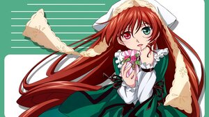 Rating: Safe Score: 0 Tags: 1girl dress flower frills green_dress green_eyes hat head_scarf heterochromia image long_hair long_sleeves looking_at_viewer red_eyes rose solo striped_background suiseiseki very_long_hair User: admin