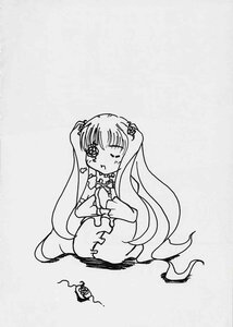 Rating: Safe Score: 0 Tags: 1girl dress greyscale image kirakishou long_hair monochrome one_eye_closed simple_background sitting solo very_long_hair User: admin