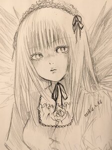 Rating: Safe Score: 0 Tags: 1girl auto_tagged bangs breasts closed_mouth flower frills hairband image long_hair looking_at_viewer monochrome ribbon simple_background solo suigintou traditional_media upper_body User: admin