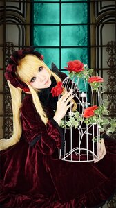 Rating: Safe Score: 0 Tags: 1girl blonde_hair blue_eyes bonnet dress flower long_hair looking_at_viewer red_dress red_flower red_rose rose shinku sitting solo window User: admin