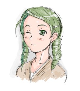 Rating: Safe Score: 0 Tags: 1girl blush closed_mouth drill_hair green_eyes green_hair image kanaria looking_at_viewer one_eye_closed portrait shirt simple_background sketch smile solo white_background User: admin