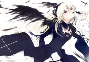 Rating: Safe Score: 0 Tags: 1girl black_ribbon black_wings dress feathers flower frills hairband image long_hair long_sleeves puffy_sleeves red_eyes ribbon rose solo suigintou white_background wings User: admin