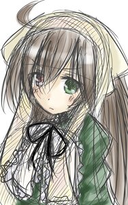 Rating: Safe Score: 0 Tags: 1girl bangs blush brown_hair closed_mouth dress eyebrows_visible_through_hair green_eyes head_scarf heterochromia image long_hair long_sleeves looking_at_viewer simple_background sketch solo suiseiseki upper_body white_background User: admin