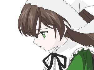 Rating: Safe Score: 0 Tags: 1girl bangs black_ribbon brown_hair closed_mouth dress eyebrows_visible_through_hair frills from_side green_eyes image long_hair neck_ribbon portrait profile ribbon simple_background solo suiseiseki white_background User: admin