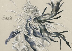 Rating: Safe Score: 0 Tags: 1girl dress floating_hair flower frills hairband image long_hair long_sleeves looking_at_viewer monochrome ribbon solo spot_color suigintou traditional_media very_long_hair wide_sleeves wings User: admin