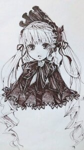 Rating: Safe Score: 0 Tags: 1girl blush bonnet capelet dress eyebrows_visible_through_hair flower gothic_lolita image lolita_fashion long_hair looking_at_viewer monochrome rose shinku simple_background solo twintails upper_body User: admin