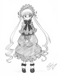 Rating: Safe Score: 0 Tags: 1girl blush bonnet bow capelet dress drill_hair full_body greyscale image long_hair long_sleeves monochrome shinku solo standing twintails very_long_hair User: admin