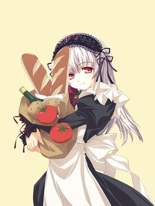 Rating: Safe Score: 0 Tags: 1girl apple dress food frills fruit groceries hairband image long_hair long_sleeves looking_at_viewer red_eyes silver_hair smile solo suigintou tomato yellow_background User: admin