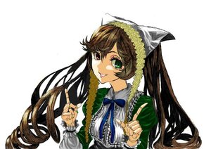 Rating: Safe Score: 0 Tags: 1girl brown_hair dress frills green_eyes heterochromia image index_finger_raised long_hair long_sleeves looking_at_viewer red_eyes simple_background smile solo suiseiseki twintails upper_body very_long_hair white_background User: admin