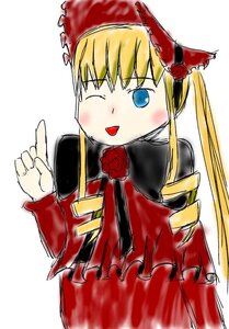 Rating: Safe Score: 0 Tags: 1girl blonde_hair blue_eyes blush blush_stickers bonnet dress flower image long_hair long_sleeves one_eye_closed red_flower red_rose rose shinku simple_background smile solo twintails white_background User: admin