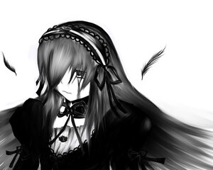 Rating: Safe Score: 0 Tags: 1girl black_ribbon closed_mouth dress feathers frills greyscale hair_over_eyes hair_over_one_eye hairband image lolita_hairband long_hair long_sleeves monochrome puffy_sleeves ribbon simple_background solo suigintou upper_body white_background wings User: admin