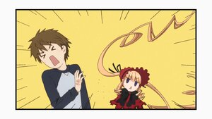Rating: Safe Score: 0 Tags: 1boy 1girl >_< blonde_hair blue_eyes bonnet bowtie brown_hair comic dress image long_hair long_sleeves open_mouth ribbon shinku solo twintails yellow_background User: admin