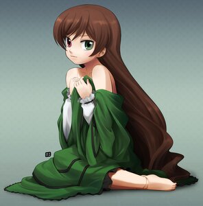 Rating: Safe Score: 0 Tags: 1girl bad_id bad_pixiv_id bare_shoulders barefoot brown_hair collarbone doll_joints dress frills frown full_body green_dress green_eyes heterochromia image joints long_hair long_sleeves nagian red_eyes rozen_maiden sitting solo souseiseki suiseiseki undressing very_long_hair wariza User: admin