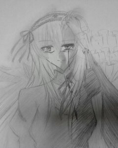 Rating: Safe Score: 0 Tags: 1girl dress greyscale hair_ribbon hairband image jewelry long_hair long_sleeves looking_at_viewer monochrome ribbon solo suigintou traditional_media upper_body User: admin