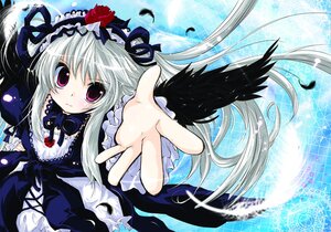 Rating: Safe Score: 0 Tags: 1girl black_wings dress feathers flower frills hairband image lolita_fashion lolita_hairband long_hair long_sleeves looking_at_viewer outstretched_hand pink_eyes purple_eyes rose silver_hair solo suigintou wings User: admin