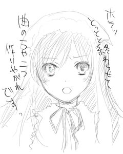 Rating: Safe Score: 0 Tags: 1girl :d apron bangs blush dress eyebrows_visible_through_hair greyscale image long_hair looking_at_viewer monochrome open_mouth ribbon sketch solo suiseiseki white_background User: admin