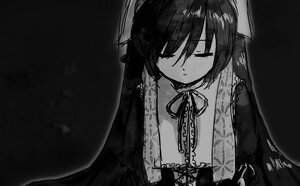 Rating: Safe Score: 0 Tags: 1girl bangs closed_eyes closed_mouth dress facing_viewer image long_hair monochrome neck_ribbon ribbon simple_background solo suiseiseki twintails upper_body User: admin