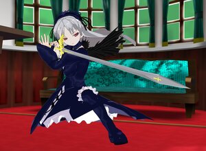 Rating: Safe Score: 0 Tags: 1girl black_wings boots dress feathers frills full_body hairband image indoors long_hair long_sleeves looking_at_viewer red_eyes silver_hair sitting solo suigintou window wings User: admin