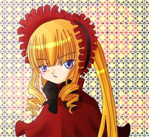 Rating: Safe Score: 0 Tags: 1girl blonde_hair blue_eyes bow drill_hair frills image long_hair long_sleeves looking_at_viewer shinku sidelocks solo twintails upper_body yellow_background User: admin