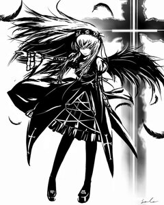 Rating: Safe Score: 0 Tags: 1girl black_wings dress feathered_wings feathers full_body greyscale hairband image lolita_hairband long_hair long_sleeves looking_at_viewer monochrome pantyhose shoes signature solo suigintou wings User: admin