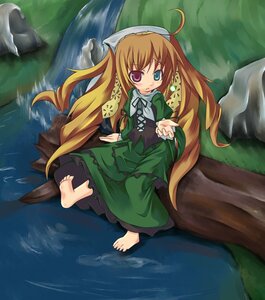 Rating: Safe Score: 0 Tags: 1girl barefoot brown_hair dress green_dress hat heterochromia image long_hair long_sleeves looking_at_viewer red_eyes solo suiseiseki very_long_hair water User: admin