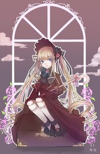 Rating: Safe Score: 0 Tags: 1girl blonde_hair blue_eyes bonnet bow doll_joints dress flower image long_hair long_sleeves looking_at_viewer pink_flower pink_rose red_dress rose shinku sitting solo twintails very_long_hair User: admin