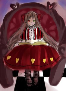 Rating: Safe Score: 0 Tags: 1girl argyle argyle_background auto_tagged book bow checkered checkered_background checkered_floor dress frills green_eyes heart heterochromia image long_hair red_eyes shoes solo suiseiseki very_long_hair User: admin