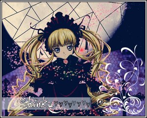 Rating: Safe Score: 0 Tags: 1girl blonde_hair blue_eyes bonnet dress flower image letterboxed long_hair long_sleeves moon night rose shinku sky solo starry_sky twintails User: admin