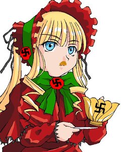 Rating: Safe Score: 0 Tags: 1girl blonde_hair blue_eyes bonnet bow bowtie dress green_bow green_neckwear image long_hair long_sleeves looking_at_viewer shinku sidelocks simple_background solo upper_body white_background User: admin