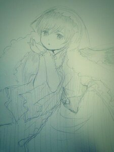 Rating: Safe Score: 0 Tags: 1girl cowboy_shot dress eyebrows_visible_through_hair frills image long_sleeves looking_at_viewer monochrome short_hair sketch solo suiseiseki traditional_media wings User: admin