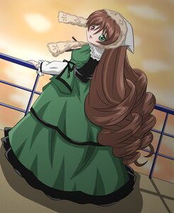 Rating: Safe Score: 0 Tags: 1girl brown_hair dress drill_hair frills green_dress green_eyes head_scarf heterochromia image long_hair long_sleeves looking_at_viewer looking_back red_eyes solo suiseiseki twin_drills very_long_hair User: admin