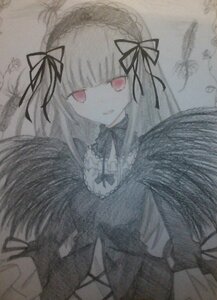 Rating: Safe Score: 0 Tags: 1girl bangs black_wings dress flower hairband image long_hair long_sleeves looking_at_viewer ribbon rose simple_background solo suigintou traditional_media upper_body User: admin