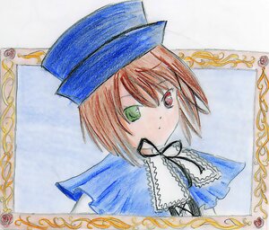 Rating: Safe Score: 0 Tags: 1girl blue_dress blue_headwear brown_hair eyebrows_visible_through_hair green_eyes hat heterochromia image long_sleeves looking_at_viewer photo red_eyes shikishi short_hair simple_background solo souseiseki top_hat traditional_media white_background User: admin