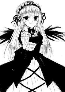 Rating: Safe Score: 3 Tags: 1girl closed_mouth dress frills greyscale hairband image lolita_hairband long_hair long_sleeves looking_at_viewer monochrome ribbon simple_background smile solo suigintou very_long_hair white_background wings User: admin