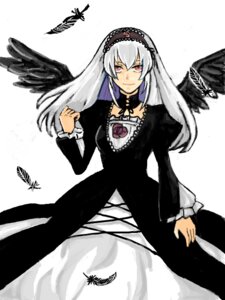 Rating: Safe Score: 0 Tags: 1girl black_dress black_wings bug butterfly dress feathered_wings feathers flower frills hairband image insect long_hair long_sleeves looking_at_viewer pink_eyes rose simple_background smile solo suigintou white_background wings User: admin