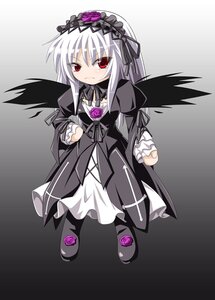 Rating: Safe Score: 0 Tags: 1girl black_dress black_wings blush dress flower frills full_body gradient gradient_background hairband image lolita_fashion long_hair long_sleeves looking_at_viewer purple_flower purple_rose red_eyes rose silver_hair solo suigintou wings User: admin