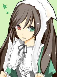 Rating: Safe Score: 0 Tags: 1girl bangs brown_hair dress frills green_background head_scarf heterochromia image long_hair long_sleeves looking_at_viewer parted_lips red_eyes ribbon simple_background solo star_(symbol) suiseiseki upper_body User: admin