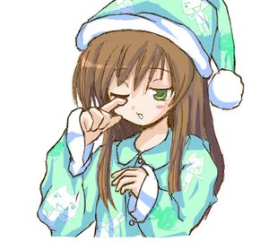 Rating: Safe Score: 0 Tags: 1girl blue_dress brown_hair finger_to_mouth green_eyes hat image index_finger_raised long_hair long_sleeves looking_at_viewer one_eye_closed simple_background solo suiseiseki upper_body white_background User: admin