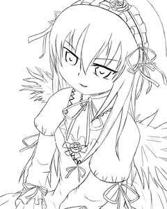 Rating: Safe Score: 0 Tags: 1girl blush feathered_wings flat_chest flower greyscale hair_ribbon image lineart lolita_hairband long_hair long_sleeves looking_at_viewer monochrome ribbon smile solo suigintou upper_body wings User: admin