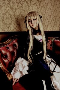 Rating: Safe Score: 0 Tags: 1girl blonde_hair dress gothic hair_ribbon long_hair long_sleeves looking_at_viewer ribbon sitting solo suigintou very_long_hair User: admin