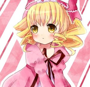 Rating: Safe Score: 0 Tags: 1girl blonde_hair blush bow dress drill_hair hat hinaichigo image juliet_sleeves puffy_sleeves ribbon solo striped striped_background tomoe_mami yellow_eyes User: admin