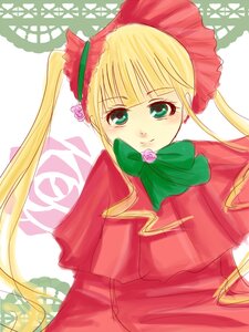 Rating: Safe Score: 0 Tags: 1girl blonde_hair bonnet bow bowtie capelet dress flower green_bow image long_hair long_sleeves looking_at_viewer red_dress rose shinku solo twintails User: admin