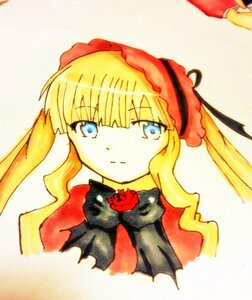 Rating: Safe Score: 0 Tags: 1girl bangs blonde_hair blue_eyes bow bowtie flower hairband image long_hair looking_at_viewer portrait red_flower red_rose rose shinku simple_background solo traditional_media twintails User: admin