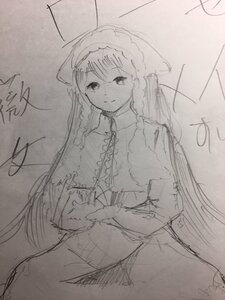 Rating: Safe Score: 0 Tags: 1girl bangs braid closed_mouth dress eyebrows_visible_through_hair greyscale hat image long_hair long_sleeves looking_at_viewer monochrome sketch solo suiseiseki traditional_media twin_braids User: admin