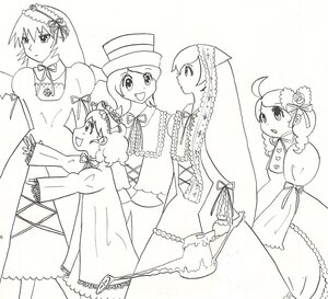 Rating: Safe Score: 0 Tags: 5girls dress frills hat image long_hair long_sleeves monochrome multiple multiple_girls ribbon short_hair sisters tagme top_hat wings User: admin