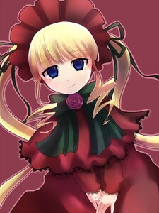 Rating: Safe Score: 0 Tags: 1girl blonde_hair blue_eyes blush bonnet bow bowtie dress drill_hair flower green_bow image long_hair long_sleeves looking_at_viewer pink_rose red_dress rose shinku sidelocks smile solo twintails v_arms User: admin