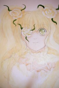 Rating: Safe Score: 0 Tags: 1girl blonde_hair flower hair_flower hair_ornament image kirakishou leaf long_hair one_eye_closed rose smile solo thorns traditional_media vines white_flower white_rose User: admin