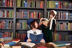 Rating: Safe Score: 0 Tags: 2girls 91076 book book_stack bookshelf brown_hair globe hat holding_book indoors ladder library long_hair multiple_cosplay multiple_girls nail_polish open_book tagme too_many traditional_media voile User: admin