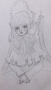 Rating: Safe Score: 0 Tags: 1girl bonnet dress drill_hair frills image lolita_fashion long_hair long_sleeves looking_at_viewer monochrome open_mouth photo shinku simple_background sketch smile solo traditional_media twintails User: admin