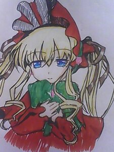 Rating: Safe Score: 0 Tags: 1girl bangs blonde_hair blue_eyes bow dress frills green_bow hat image long_hair long_sleeves looking_at_viewer red_dress shinku sidelocks simple_background solo twintails upper_body User: admin